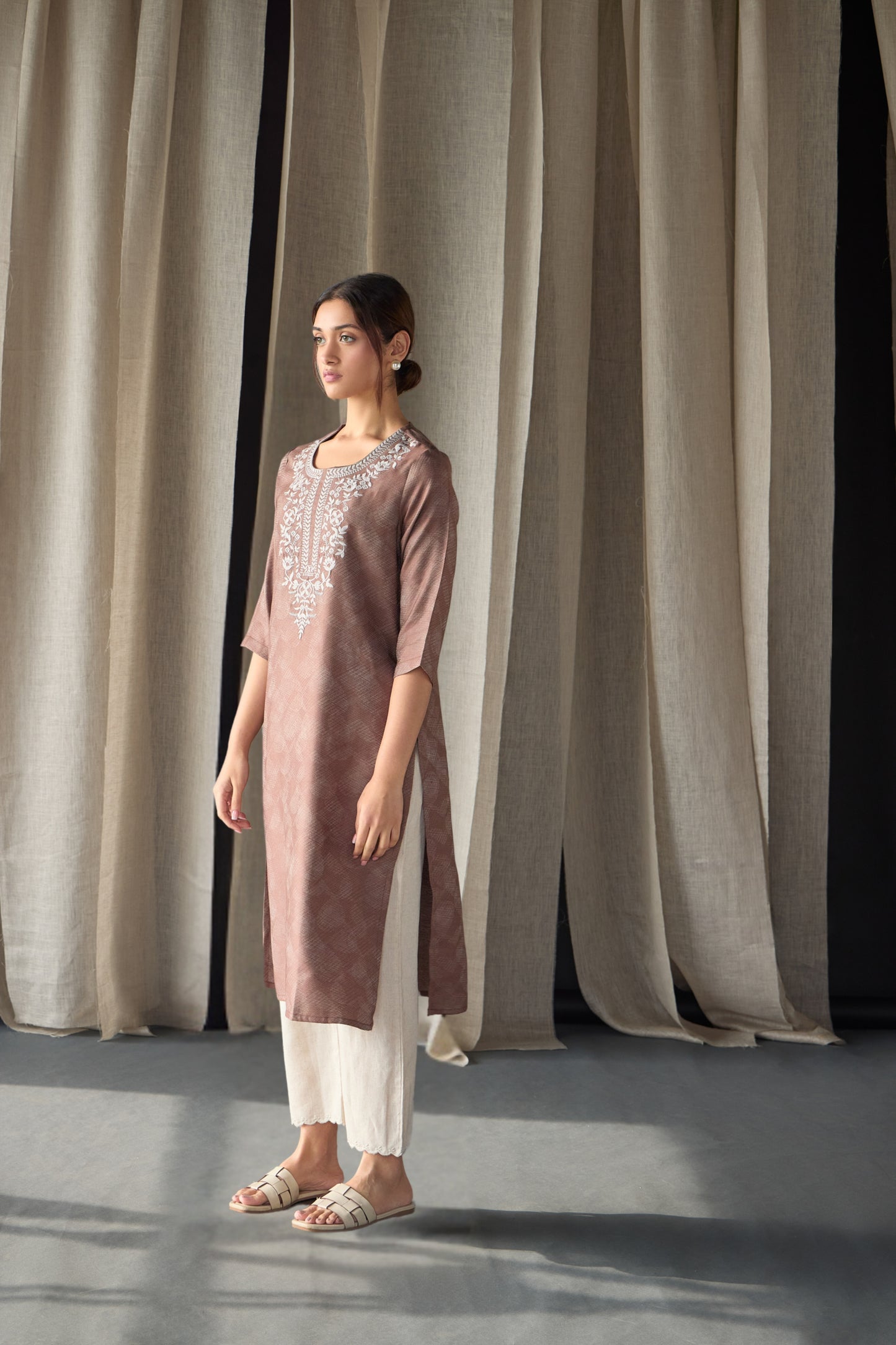 Brown Jacquard Kurta with Yoke Embroidery