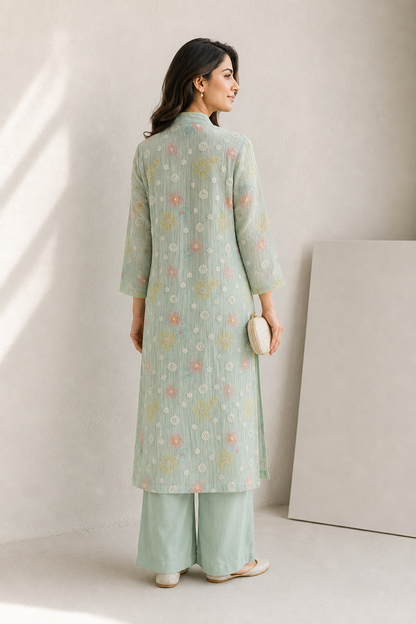 Vegan Silk Crinkle Embroidery Kurta Set- Sea Green