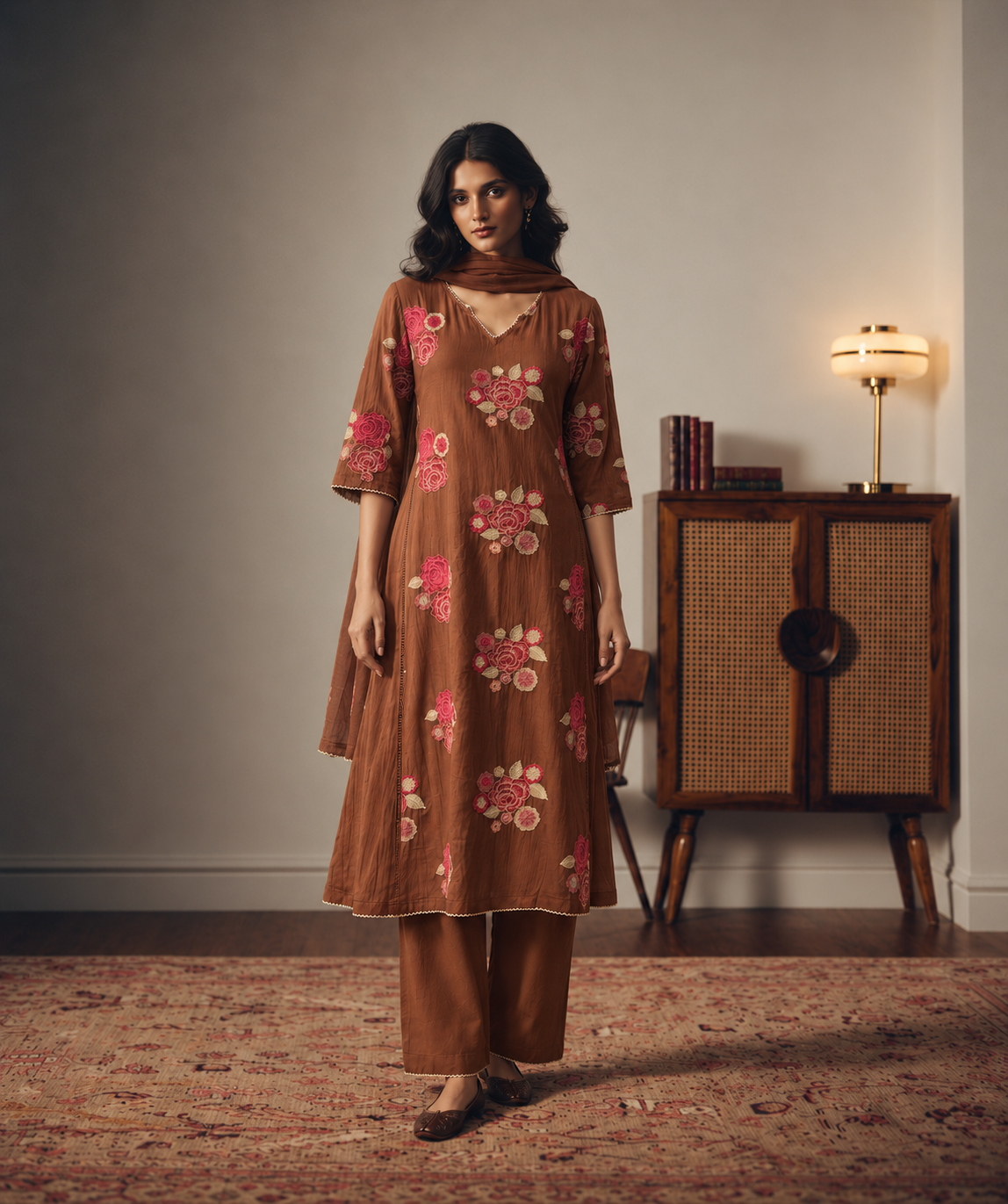 Cupro Silk Embroidered Kurta Set- Caramel