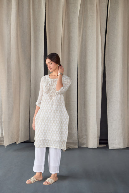 Handblock Off White Pure Linen Kurta