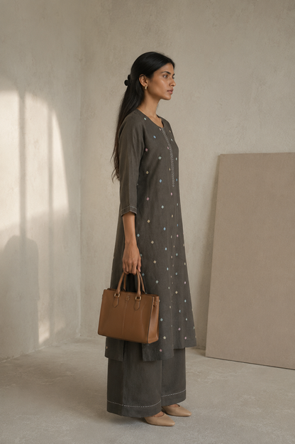 Charcoal Linen Embroidered Kurta Set