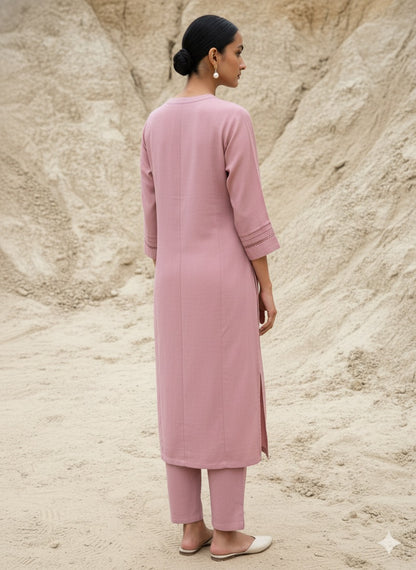 Blossom Pink Karimiori Lace Linen Kurta Set with Dupatta