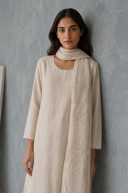 Rozana Linen Kurta Set with Schiffli Embroidered Dupatta