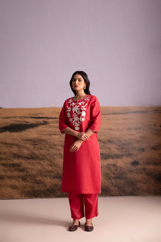 Pure Hemp Applique Red Kurta Set