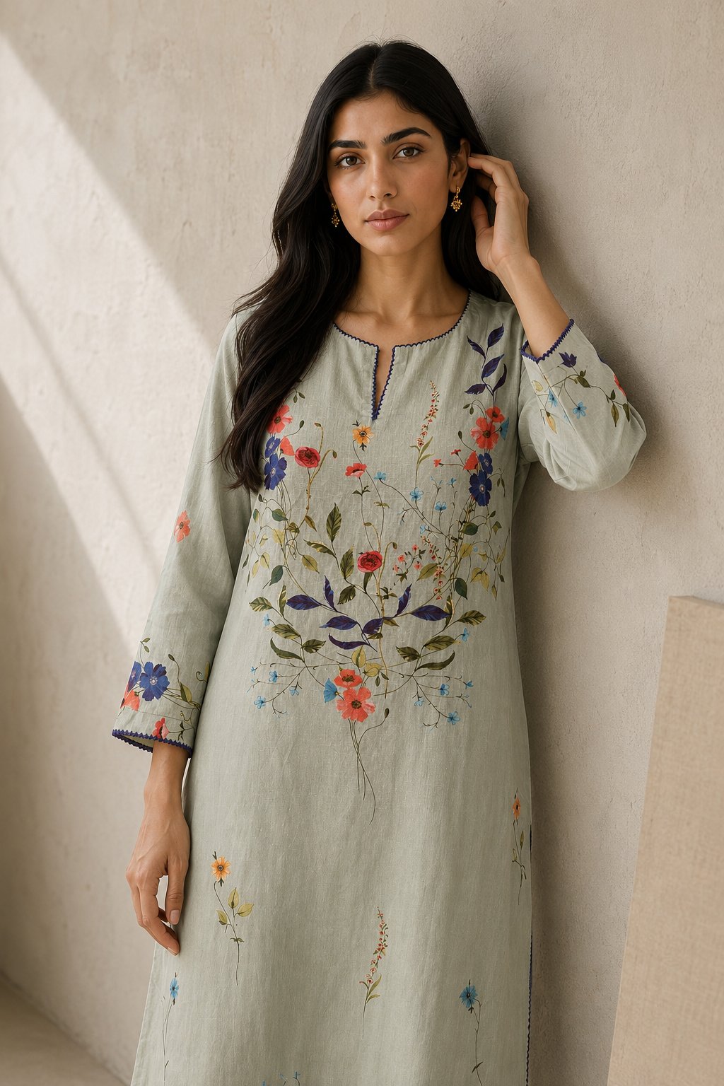 Floral Linen Kurta Set-Blue