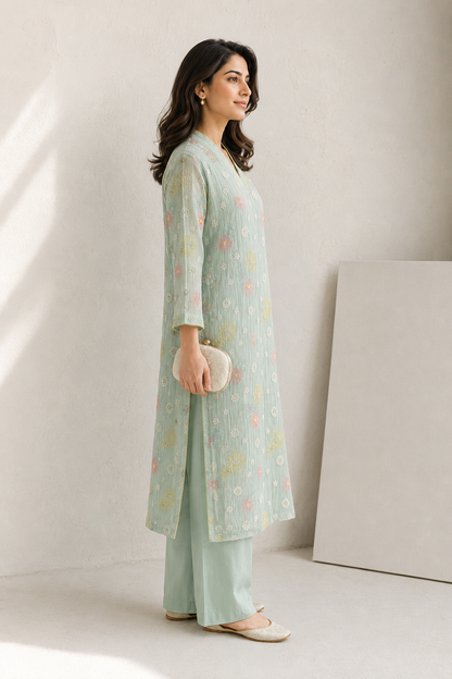 Vegan Silk Crinkle Embroidery Kurta Set- Sea Green
