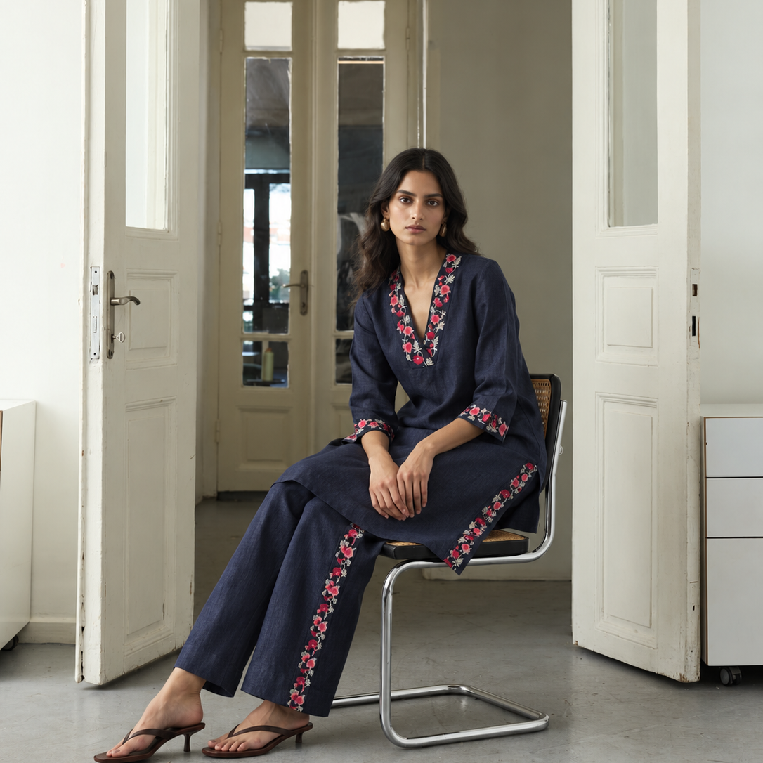 100% Hemp Embroidered Co-ord Set- Navy