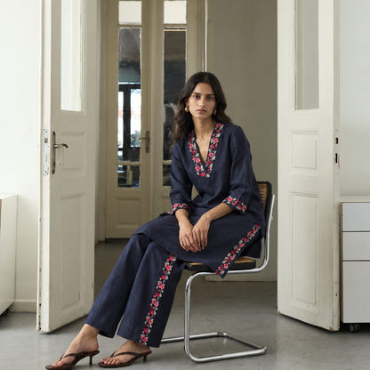 100% Hemp Embroidered Co-ord Set- Navy