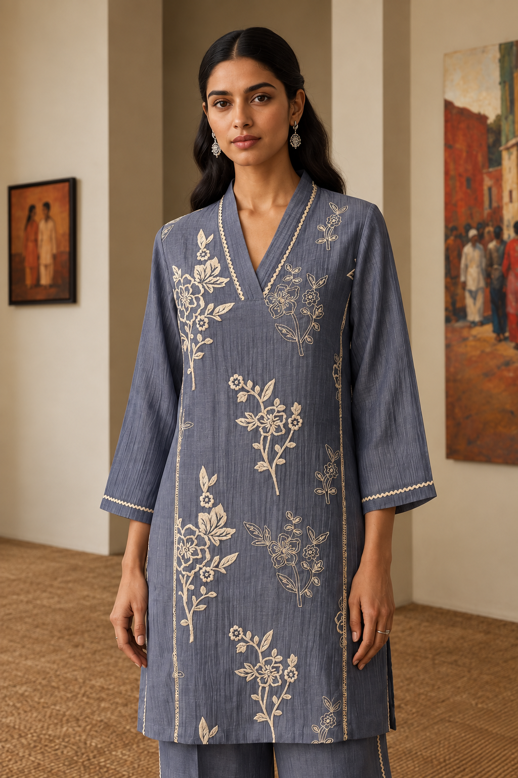 Cotton Silk Blue Embroidered Kurta Set