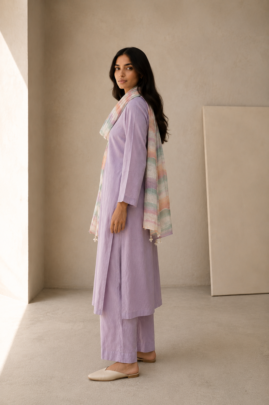 Rozana Linen Kurta Set- Lavender