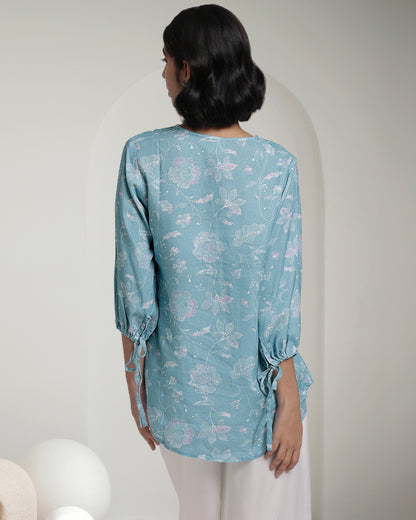 Blue Bloom Print Linen Top