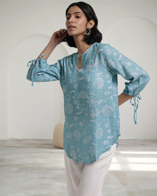 Blue Bloom Print Linen Top