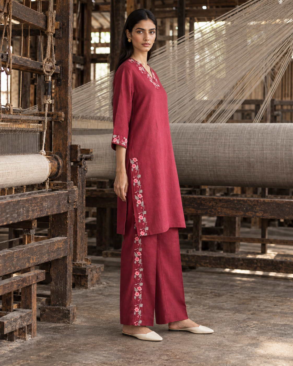 100% Hemp Embroidered Co-ord Set- Maroon