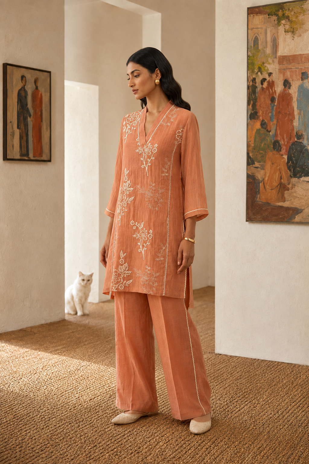Cotton Silk Terracotta Embroidered Co-ord Set