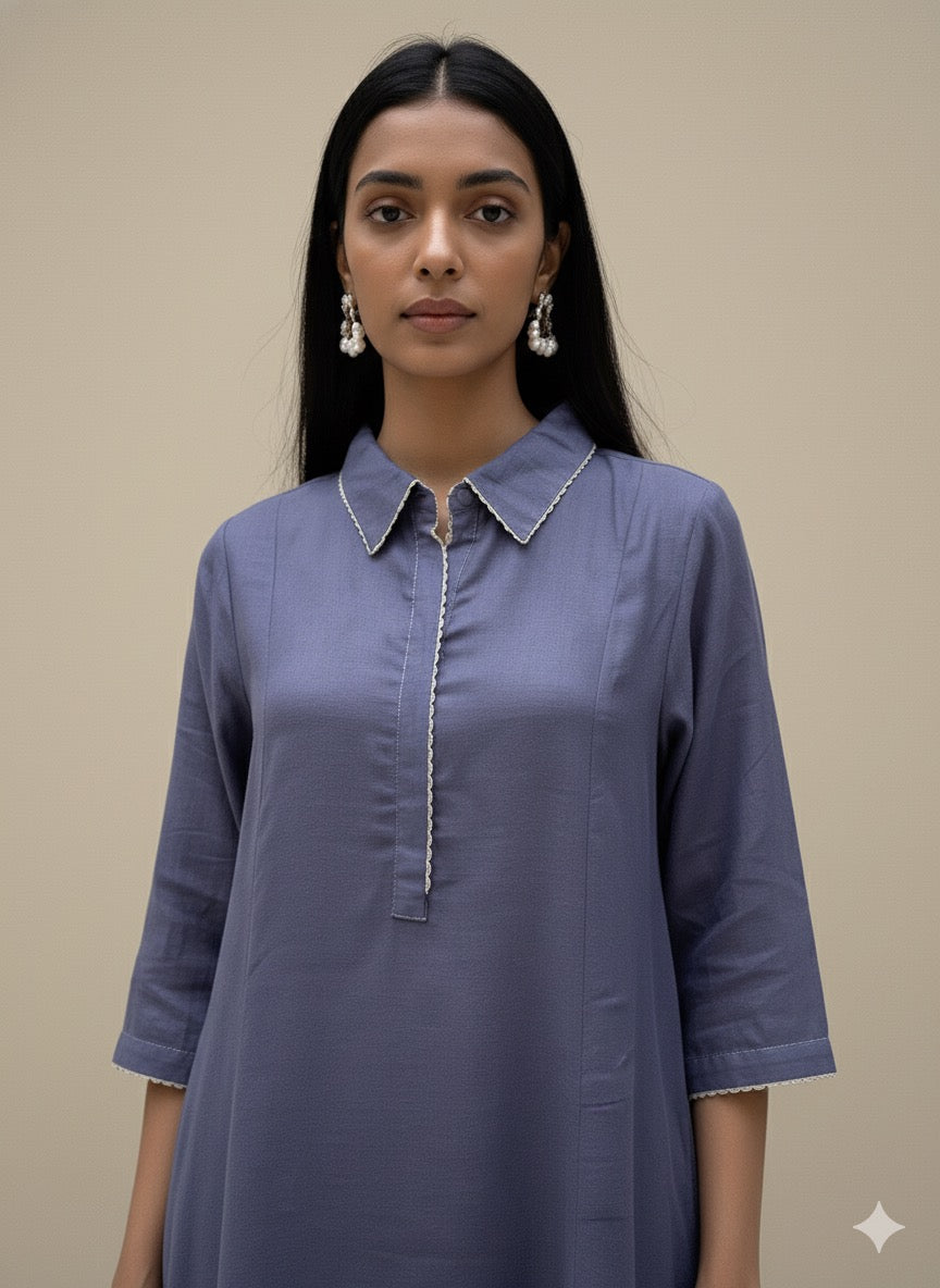 A-Line Dusk Blue Linen Kurta Set