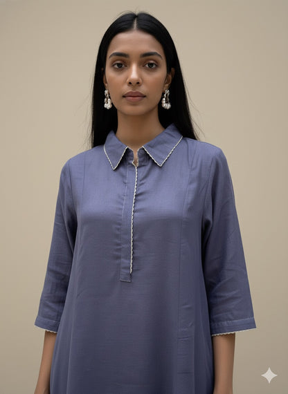 A-Line Dusk Blue Linen Kurta Set