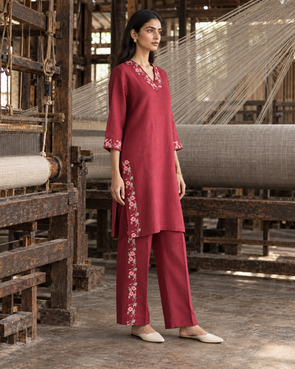 100% Hemp Embroidered Co-ord Set- Maroon