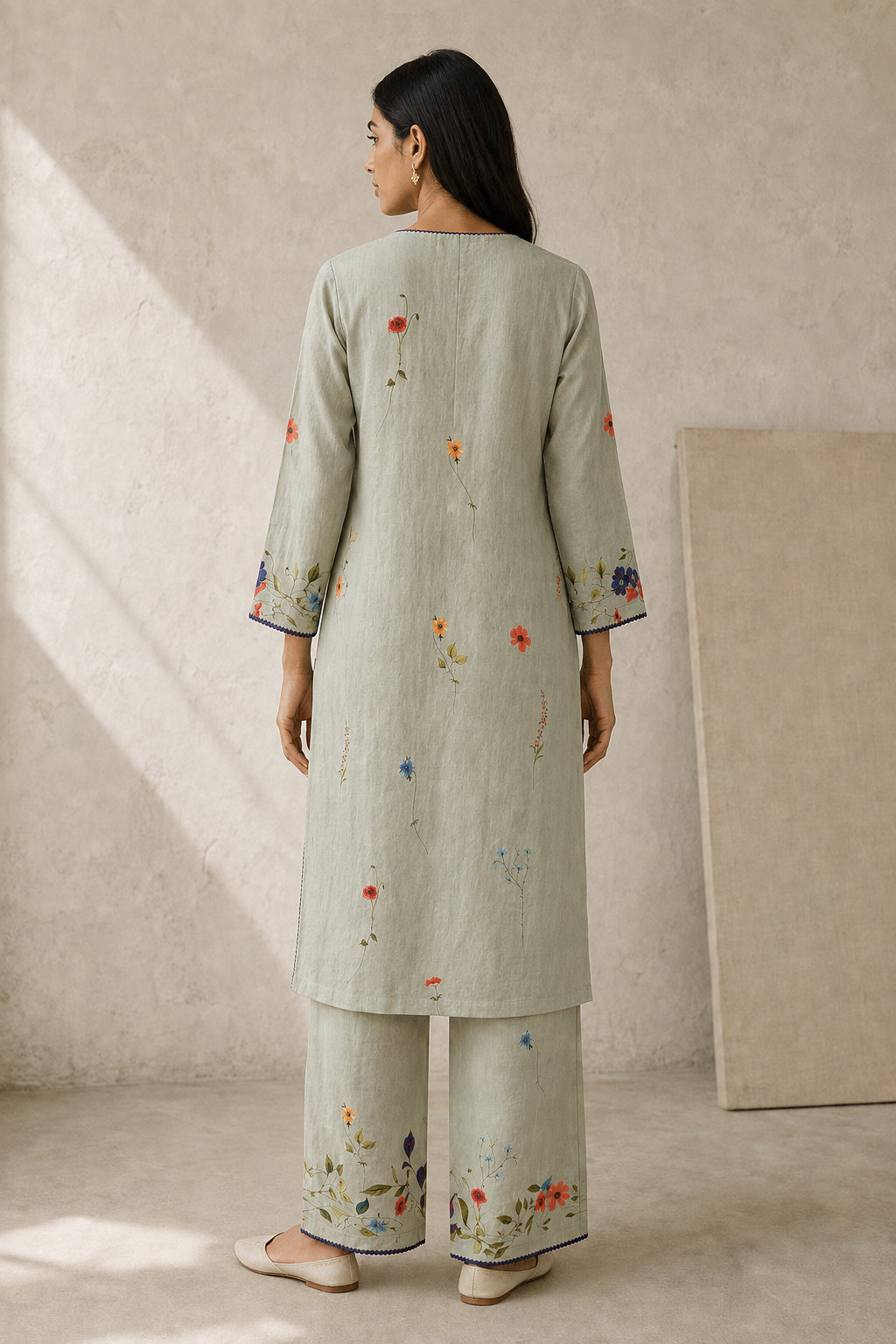 Floral Linen Kurta Set-Blue