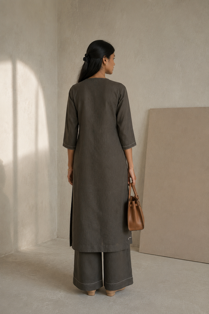 Charcoal Linen Embroidered Kurta Set
