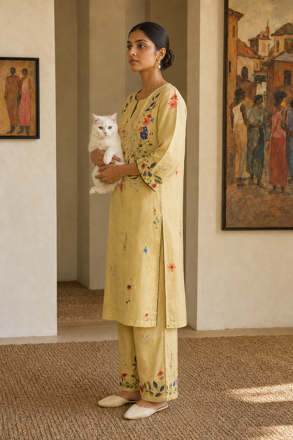 Wheat Floral Linen Kurta Set
