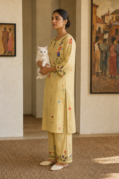 Wheat Floral Linen Kurta Set