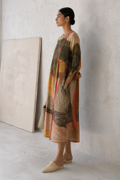Earth Palette Linen Dress with Pintuck Details