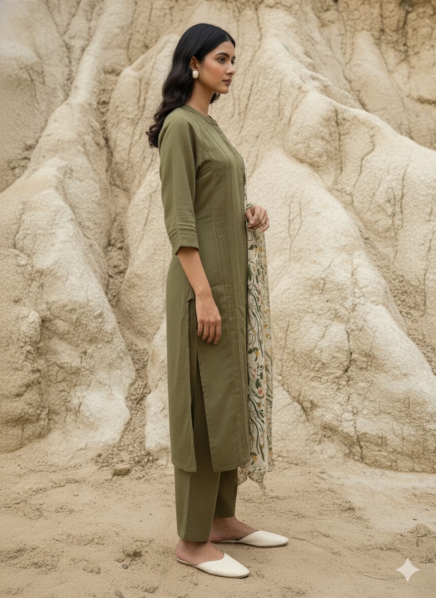 Olive Karimiori Linen Lace Kurta Set with Scarf