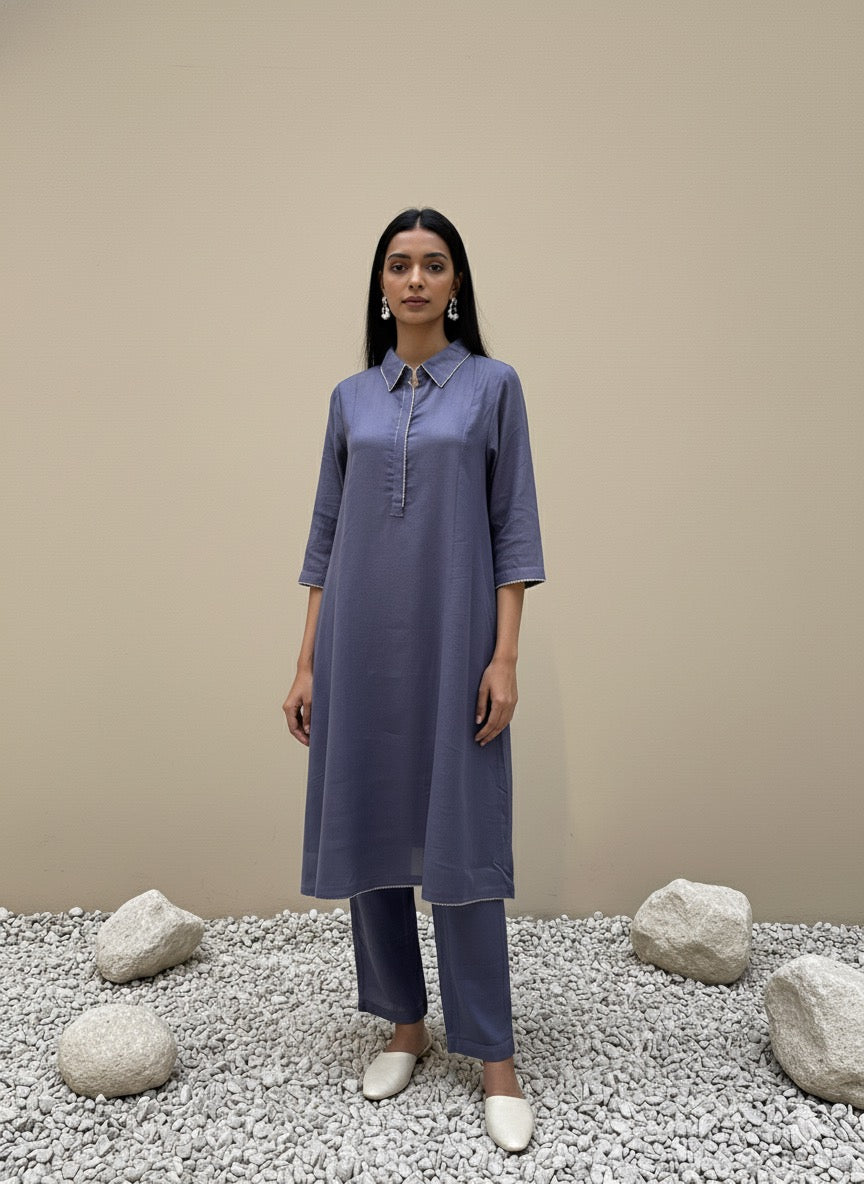 A-Line Dusk Blue Linen Kurta Set