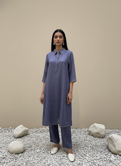 A-Line Dusk Blue Linen Kurta Set