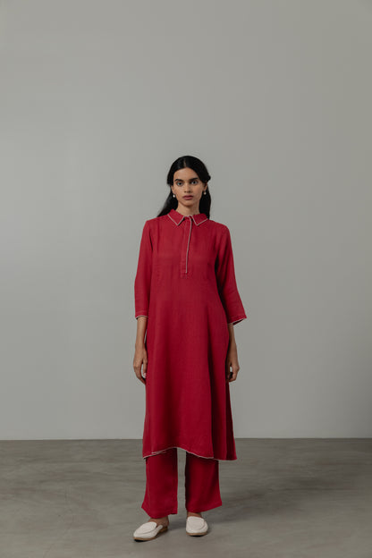 A-Line Crimson Red  Linen Kurta Set