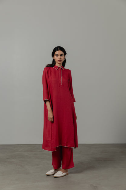 A-Line Crimson Red  Linen Kurta Set