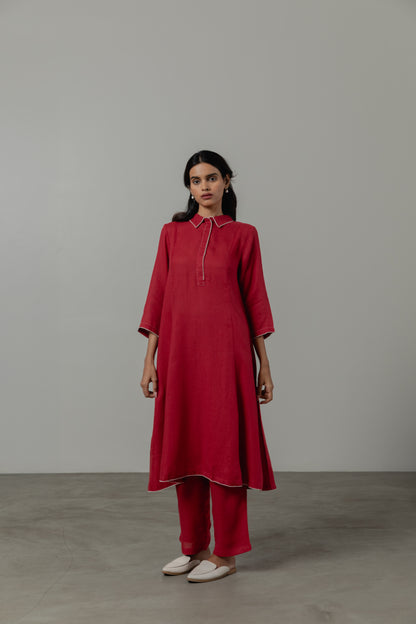 A-Line Crimson Red  Linen Kurta Set