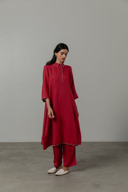 A-Line Crimson Red  Linen Kurta Set