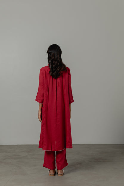 A-Line Crimson Red  Linen Kurta Set