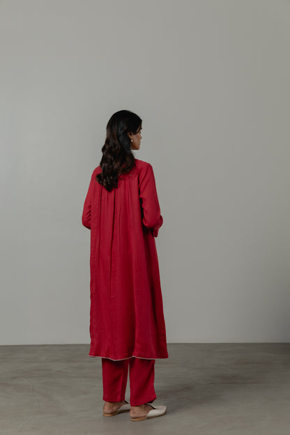 A-Line Crimson Red  Linen Kurta Set