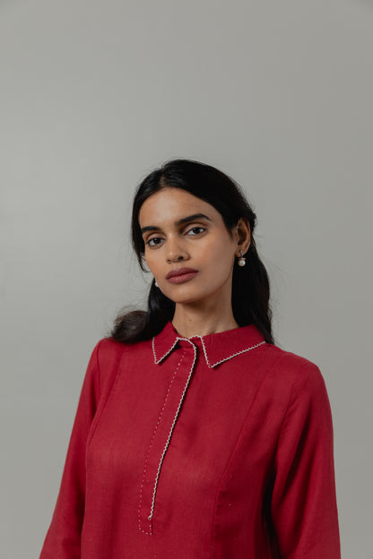 A-Line Crimson Red  Linen Kurta Set