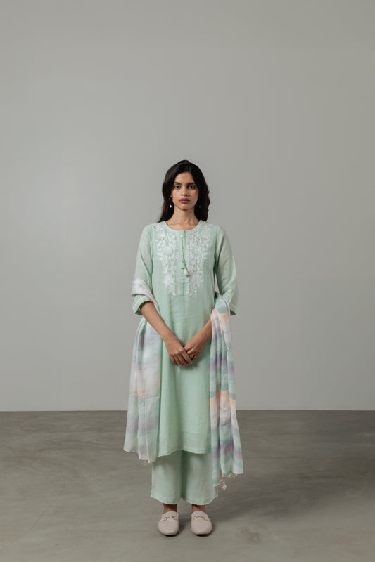 Fresh Mint Embroidered Linen Kurta Set with Dupatta