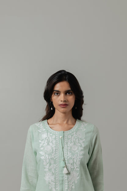 Fresh Mint Embroidered Linen Kurta Set with Dupatta