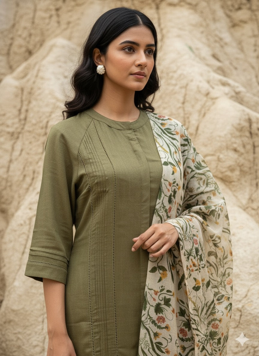 Olive Karimiori Linen Lace Kurta Set with Scarf
