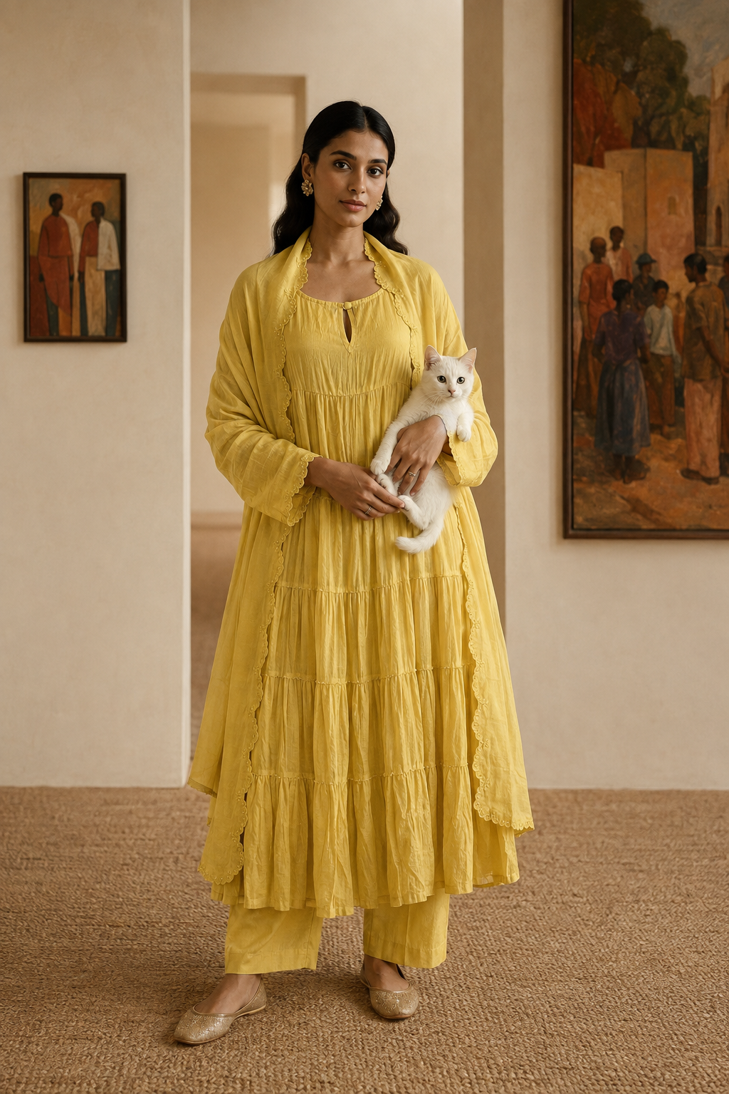 Cupro Tiered Anarkali Set- Yellow