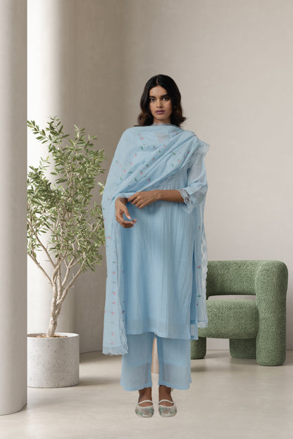 Crinkled Cupro Blue V Neck Kurta Set with Odhani