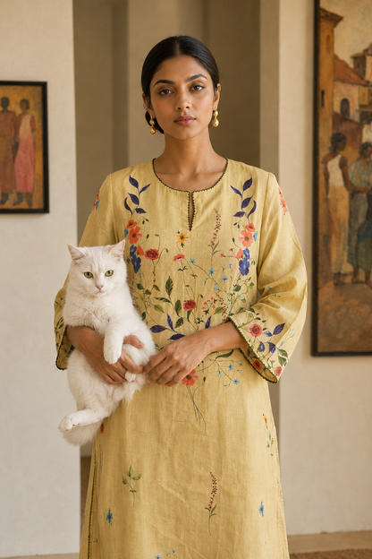 Wheat Floral Linen Kurta Set