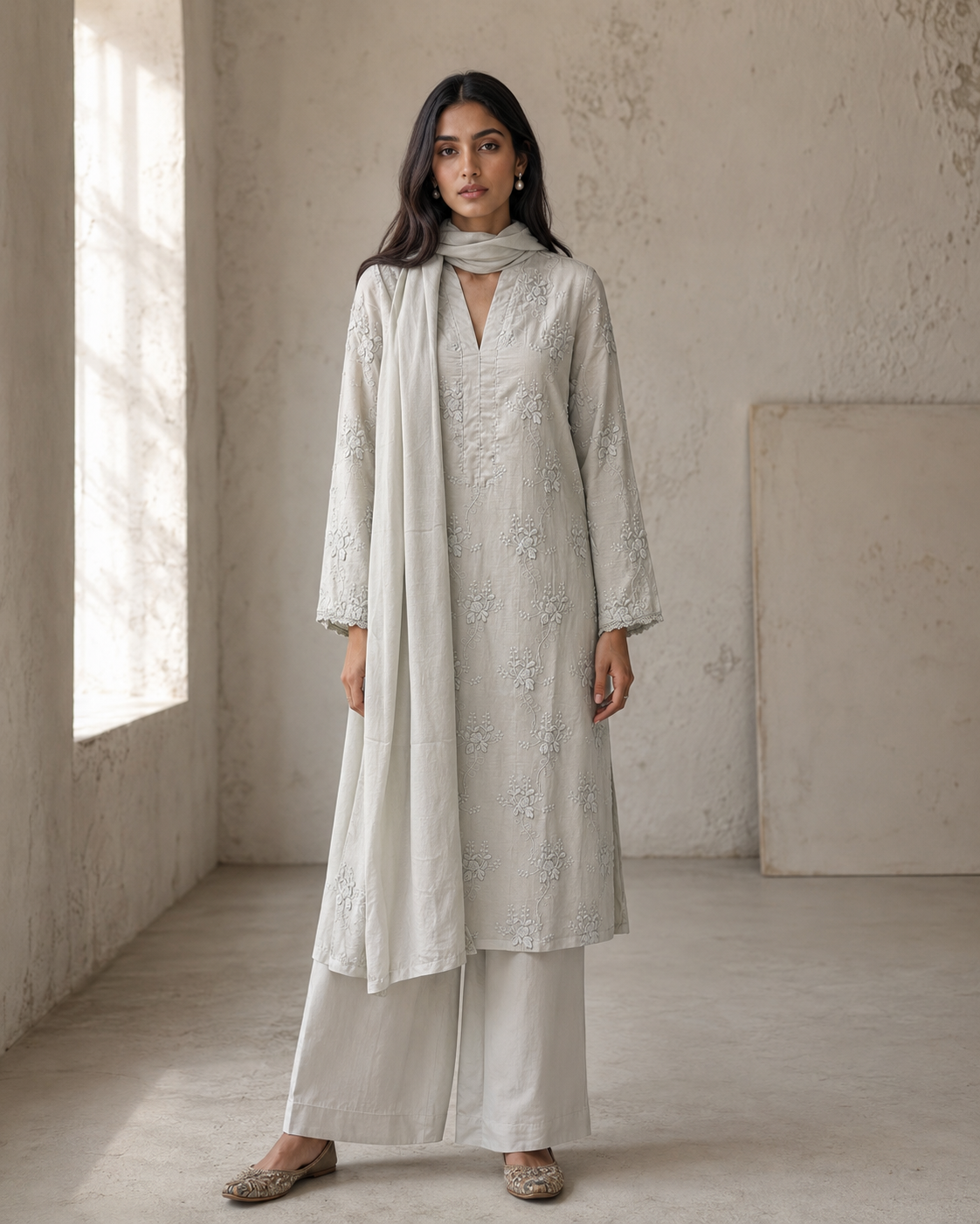 Powder Blue 100% Cotton Tonal Applique Kurta Set