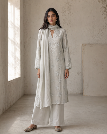 Powder Blue 100% Cotton Tonal Applique Kurta Set