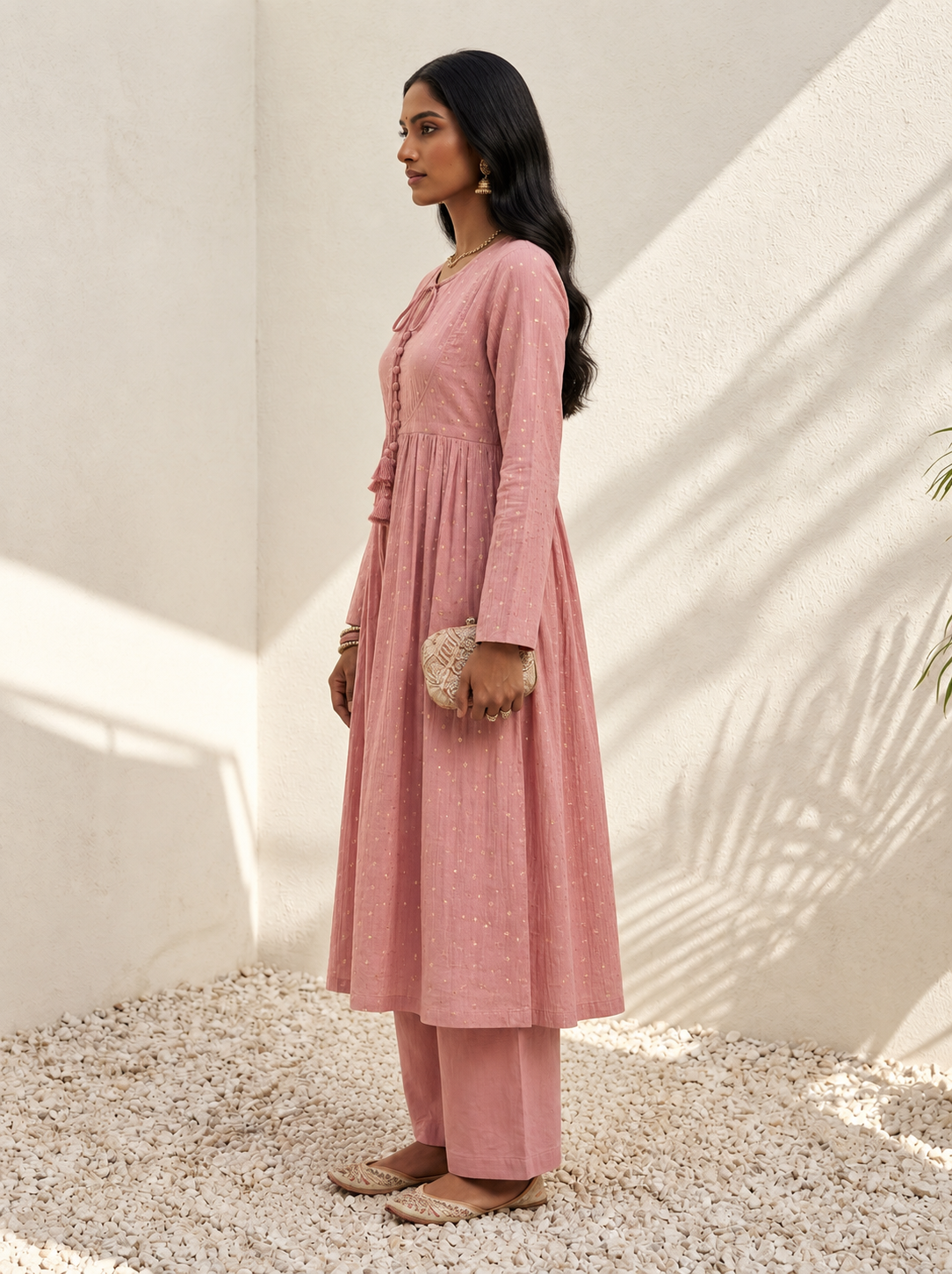 Cupro Anarkali Set-Pink
