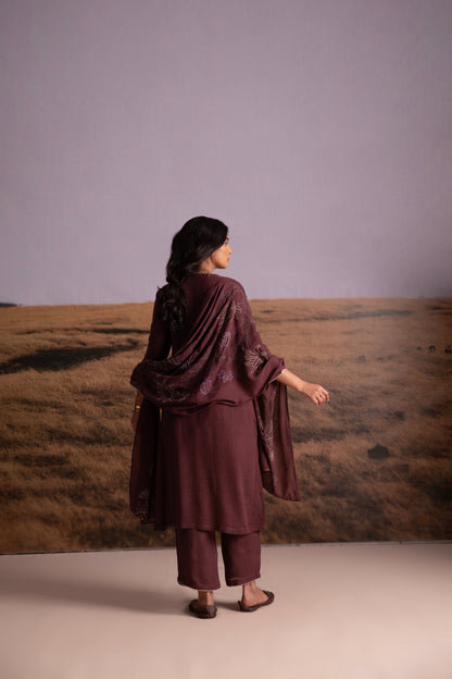 Plum Linen Kurta Set with Odhani