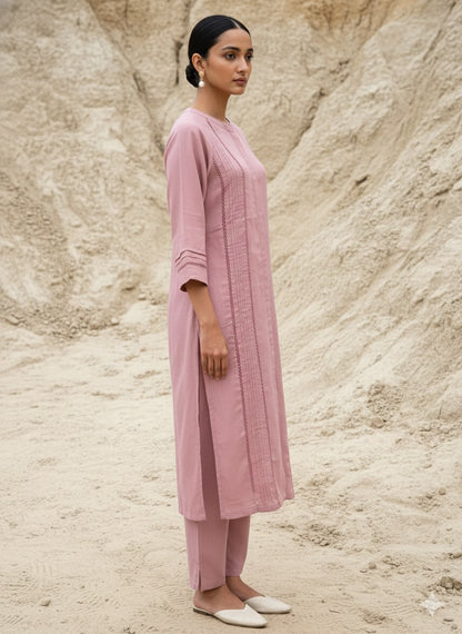 Blossom Pink Karimiori Lace Linen Kurta Set with Dupatta