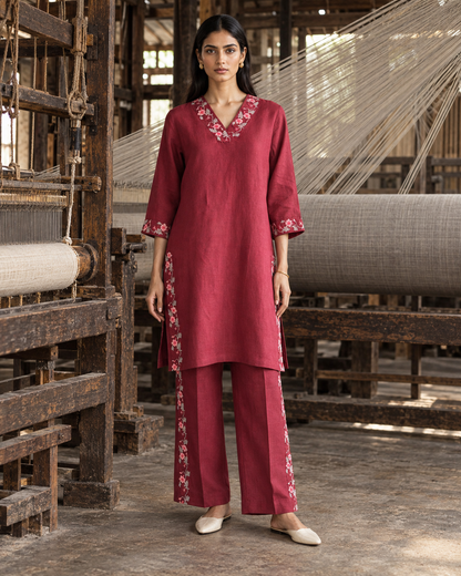 100% Hemp Embroidered Co-ord Set- Maroon