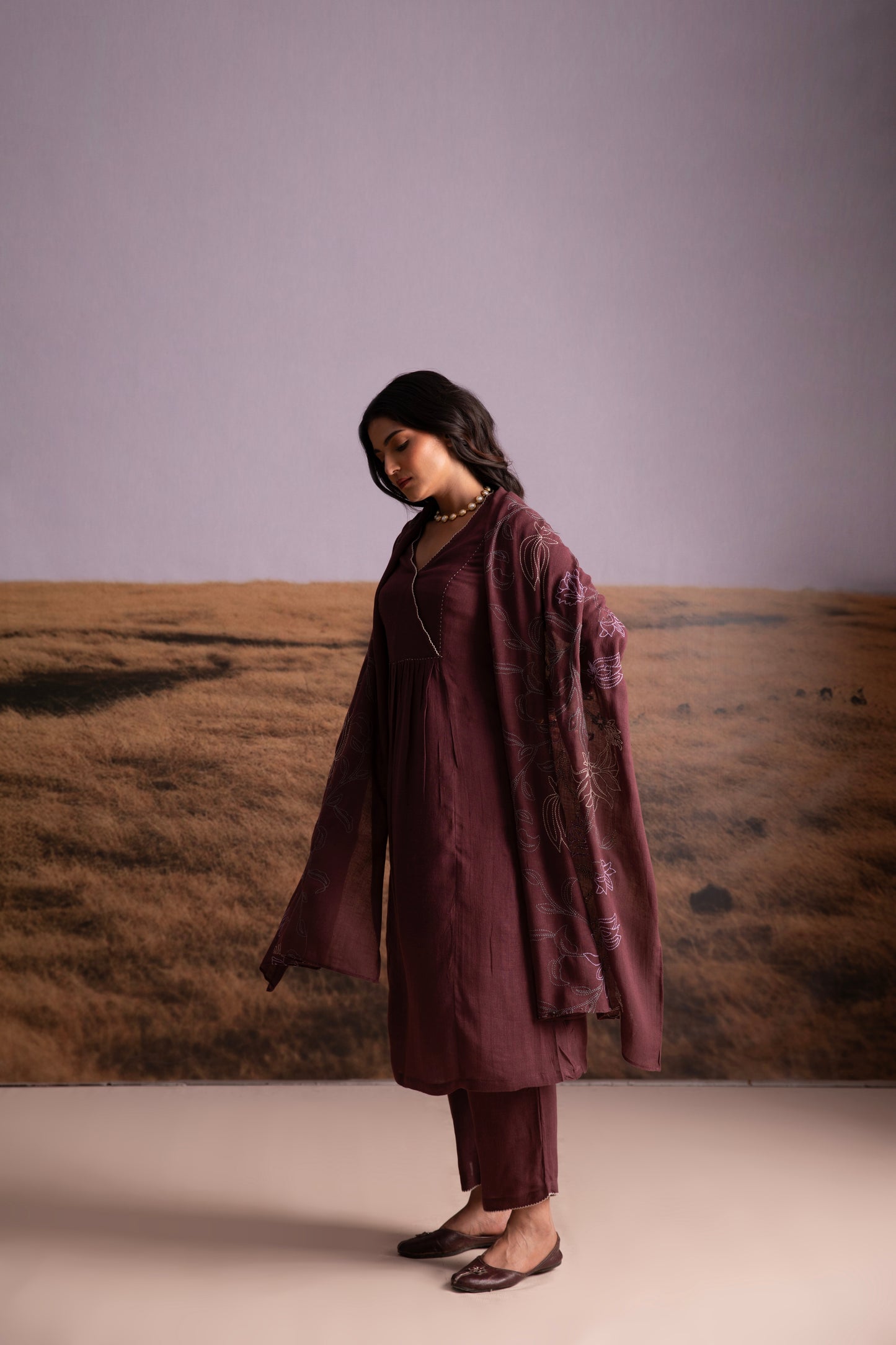 Plum Linen Kurta Set with Odhani