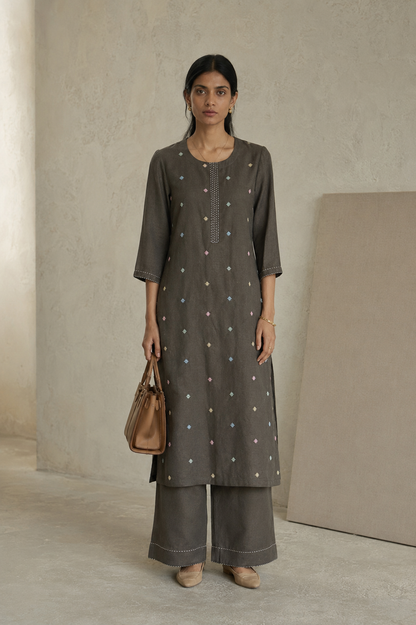 Charcoal Linen Embroidered Kurta Set